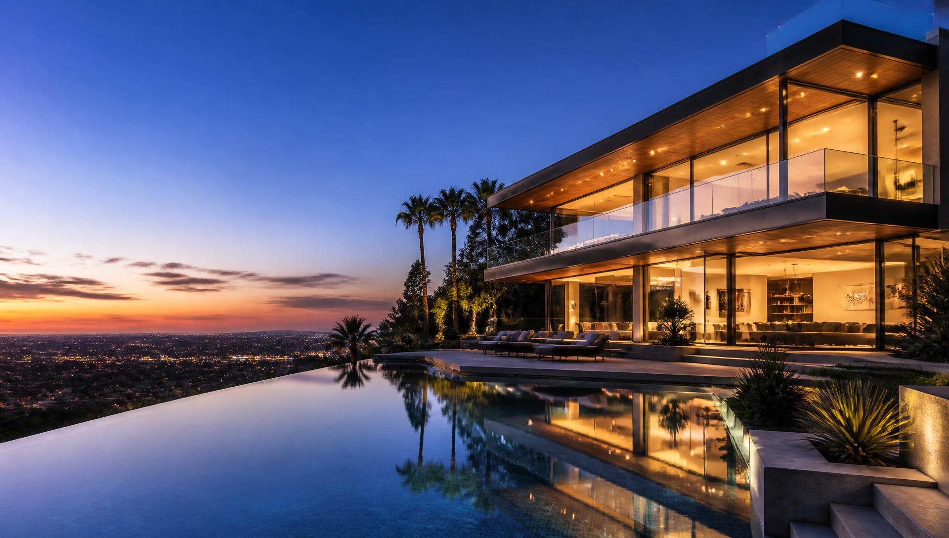 Luxury modern Los Angeles home at twilight with warm interior lighting and infinity pool